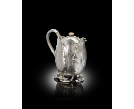 λ A George IV naturalistic silver hot water pot, by John Bridge, London 1829, modelled as a closed flower head, possibly a wa