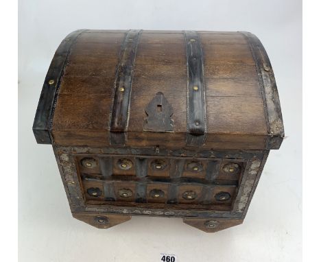 Wooden cutlery box in shape of metal bound trunk on wheels, 13" long x 11" wide x 12" high
