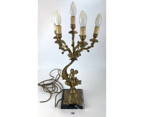 Brass 6 armed candelabra table lamp with fish and figure on marble base, total height 27"