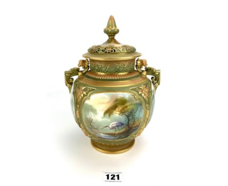 Royal Worcester vase and cover, handpainted with storks and lake scenes, signed W. Powell. 10.5" high. Top finial repaired