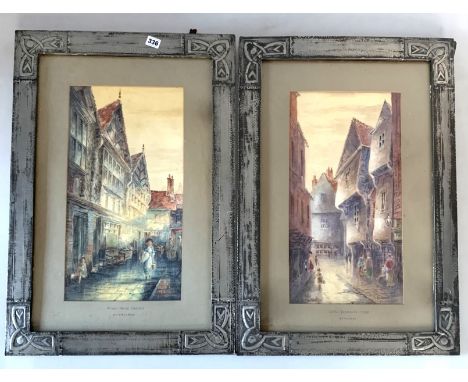 2 prints by A.S. Hagyard,  'Derby House Chester' and 'Little Shambles York', in Art Nouveau style pewter frames, images 10.5"