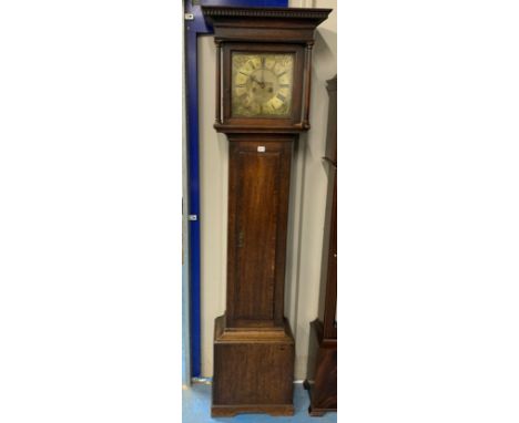 Oak brass faced 2 hole longcase grandfather clock by Jn. Ingram, Spalding, with pendulum & 2 weights. 81" high. Extra images 