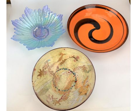 Orange/brown studio art pottery dish signed Yalos Casamurano 16.5" diameter (cracked), signed pottery bowl 13" diameter and s