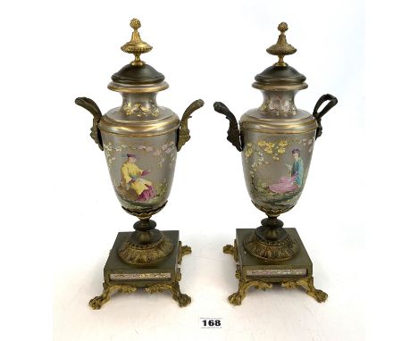 Pair of Napoleon III gilt bronze mounted side vases with oriental scenes. 15" high. Handles loose