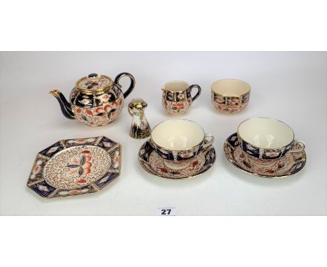 Wedgwood blue/gold Tea For Two set comprising 2 cups, 2 saucers, 1 sandwich plate, teapot, sugar and cream jug, with small Cr