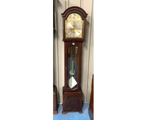 Reproduction mahogany longcase grandfather clock by James Stewart, Armagh with pendulum &amp; 2 weights, 74" high