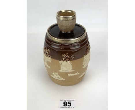 Doulton Lambeth silver rimmed tobacco jar with candlestick lid, 6.5" high, Chester c1898