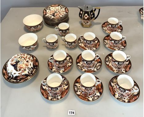 Royal Crown Derby 35 piece tea set comprising 12 cups, 9 saucers, 12 side plates, 2 bowls, and Queen AWAS floral lidded jug