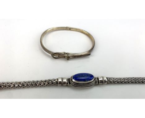 Silver bracelet with blue stone and Mexican silver bangle, total w: 1.4 ozt