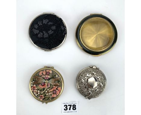 4 vintage compacts including 1 Kigu, 1 silver plated, 1 black beaded and 1 dragonfly design (lid detached)