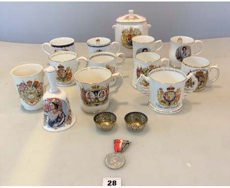 Coronation and commemorative Royalty mugs, biscuit barrel, bell, medal for Edward VII, George V, George VI and Elizabeth II