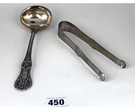 Unmarked continental silver tongs and plated ladle