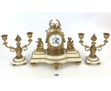 French style 3 piece clock marble and ormolu garniture set by Vincenti and Cie, Medaille D'Argent 1855. Clock with pendulum &