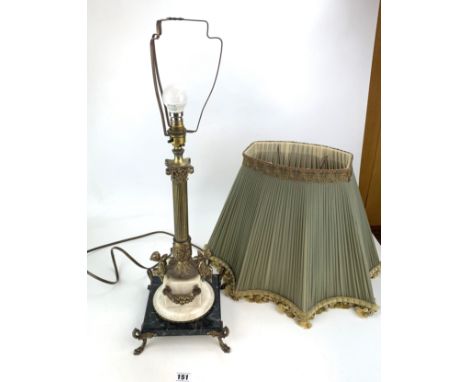 Brass and ormolu column lamp with figures on marble and brass footed base with green silk shade. Total height 30"