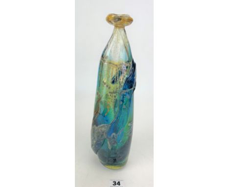 Studio art blue/yellow glass bottle, signed, 12.5" high