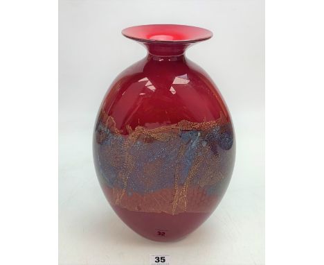 Michael Nourot Studio art red glass bottle, signed  Nourot RV 105-92-MII, 12" high