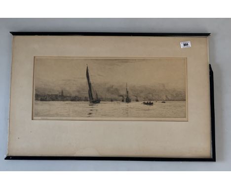 Etching of boat scene signed W.Wyllie, image 20" x 9.5", frame 27" x 17" (damaged frame)