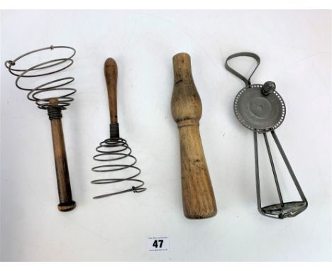 4 vintage kitchen utensils - 2 whisks, egg beater and wooden pestle