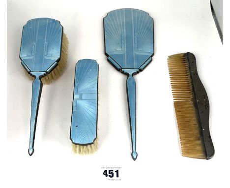 Silver and blue enamel 4 piece brush, comb and mirror set