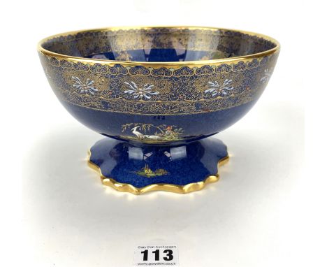 Carltonware blue lustre bowl on stem with oriental scene, 9.5" diameter x 5.5" high