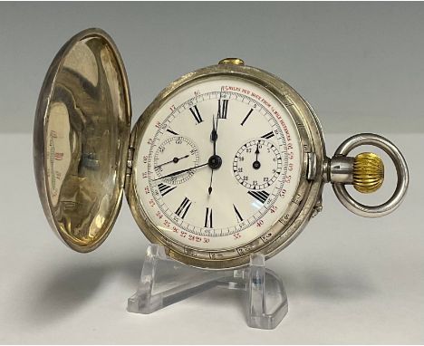 A Continental 935 silver hunter cased chronometer recording pocket watch, white enamel dial, two subsidiary registers, centre