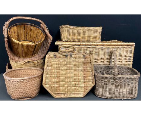 Basketwork - a wicker hamper; log holder; bottle carrier; etc; a bamboo circular planter 