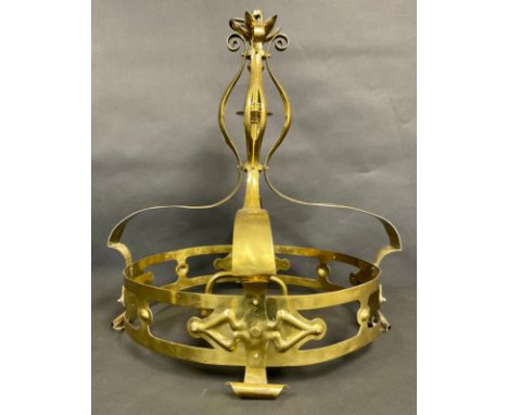 An Art Nouveau design brass three-light electrolier, the sinuous organic frame terminating in scroll ends, 56cm high excludin
