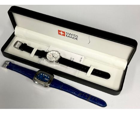 A Leica chronograph wrist watch, Arabic outer chapter ring, three subsidiary dials, 3cm diameter, leather strap, cased with l