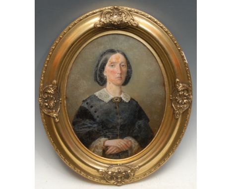 Pictures &amp; Prints - Victorian School, manner of, Portrait of a Young Lady, unsigned, reverse glass print, gilt oval frame