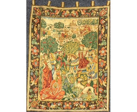 An early 20th century French wall hanging tapestry, depicting a Renaissance hunting scene, within a floral border, 158cm x 11