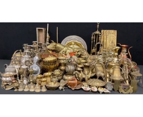 Metalware - brass, copper and silver plate inc Large Brass Bull, Dog, pair of candles sticks, kettles, tea set on tray, jug, 