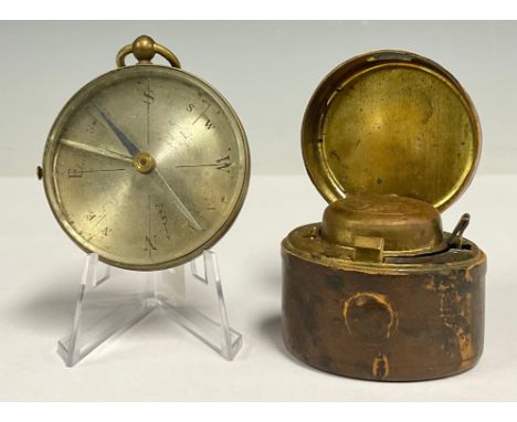 A 19th century French brass compass, silvered dial, blue hand, bevelled glass plate, 4.5cm diameter; a Victorian brass and le