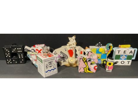 A Paul Cardew novelty teapot, Fun &amp; Games series, Snakes and Ladders, 18cm high; others, Monopoly, Scrabble, Dominoes, No