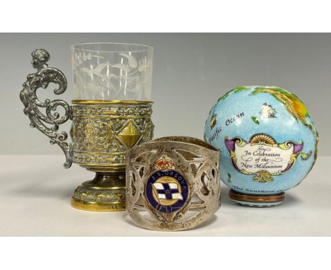 A Halcyon Days enamel and brass mounted pill box, as a globe, in celebration of the New Millennium, 7cm high; an EPNS and ena