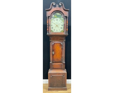 A 19th century oak and mahogany longcase clock, 33cm arched painted dial inscribed Roberts Derby, Roman numerals, date apertu