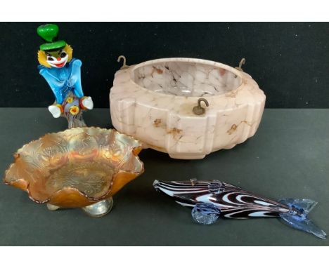 An Art Deco glass marble effect light shade, 31cm diameter overall; a Murano clown, 23cm high; a Romanian glass fish; a glass