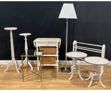 A kitchen provision table; a near pair of occasional tables; torchère or statuary pedestal; another; towel rail; floor lamp; 