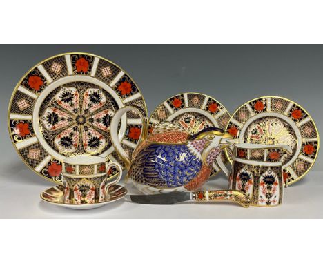 A Royal Crown Derby teapot, Quail, 15cm high, marks to base, second quality; an Imari 1128 pattern coffee can and saucer, fir