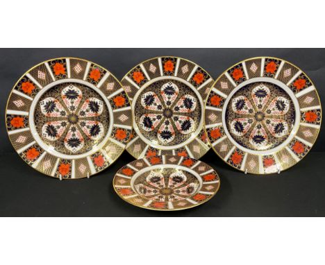 Royal Crown Derby three 1128 dinner plates, 1 first, 2 seconds,  a seconds soup bowl, printed marks (4)