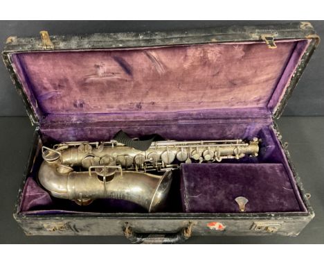 Musical Instruments - an early 20th century silver plated alto saxophone, The Alliance by J.R. Lafleur & Son Ltd, mother of p