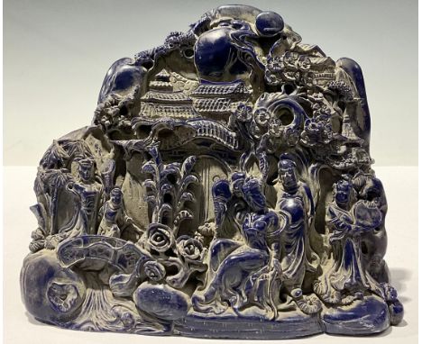 A contemporary Chinese composite  'boulder' moulded as faux lapis lazuli with a village scene, 18cm wide, 15cm high