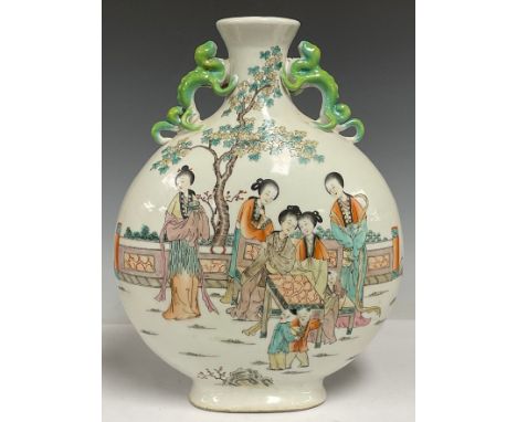 A Chinese ceramic twin handled moon flask, enamel decorated with ladies and children in a garden, inscription to verso, four 