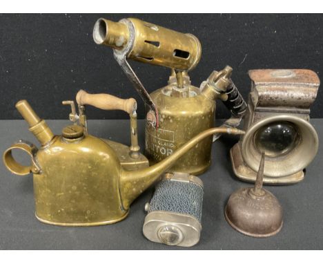 Automobilia etc- Jos Lucas Rolls Royce/Bentley motors oil can, No 40 Oiler;  bicycle lamp, miniature slug iron, blow lamp etc