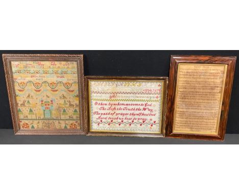 A Victorian needlework sampler, Saints Home, ‘My rest is in heav’n […]’, monogrammed EW, dated June 1845, 40cm x 35cm; a wool