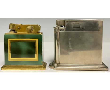 An Art Deco Rowenta desk lighter, guilloche sides, stepped base, 8.5cm high; another, brass and marble effect (2)