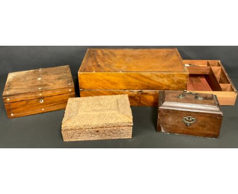 An Anglo Indian carved wood box; a George III mahogany caddy; a rosewood work box; a George III satinwood writing box (4) 