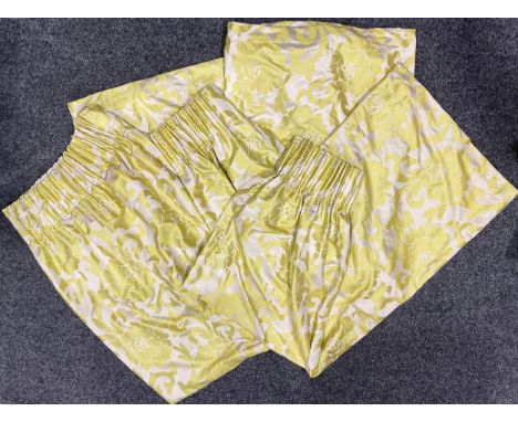 A pair of silk Damask curtains, floral pattern, header tape, 136cm wide, 194cm long; another, 227cm long, 200cm wide (3)