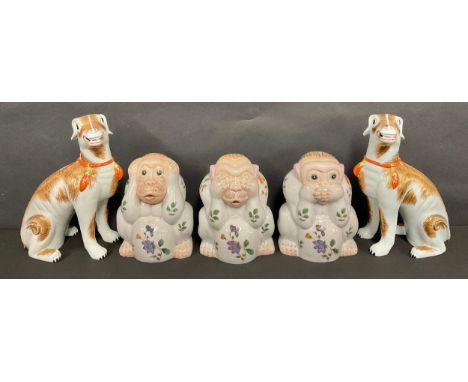 Oriental - a set of three Chinese pottery models, of the Three Wise Monkeys, 18cm high, character seal to base; a pair of Chi