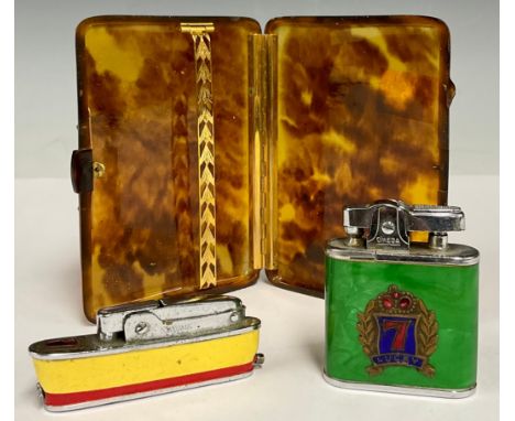 An Art Deco style tortoiseshell and brass cigarette case, 10.5cm x 8cm; a Sarome Cruiser enamel lighter; another, Omega Lucky