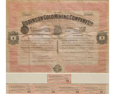 South African Mining Interest - an early 20th century share certificate, The Robinson Gold Mining Company Ltd, No.238176, War